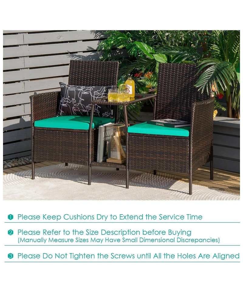 Sugift Rattan Patio Conversation Set Cushioned with Glass Table