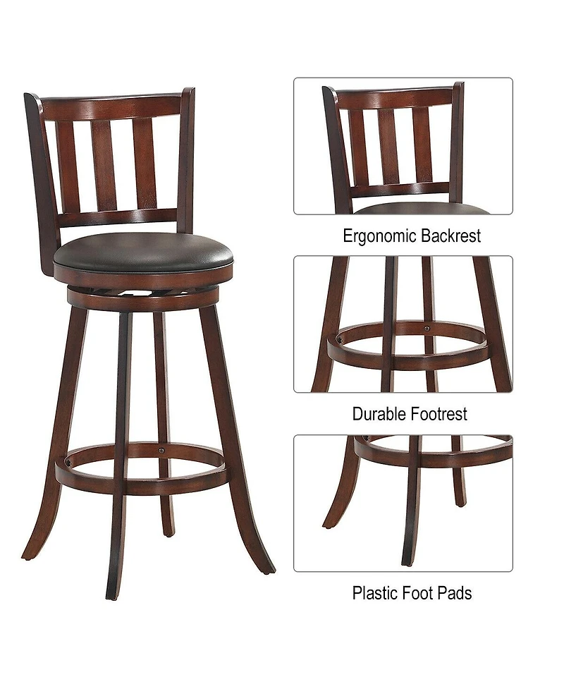 Sugift 2 Pieces 360 Degree Swivel Wooden Counter Height Bar Stool Set with Cushioned Seat