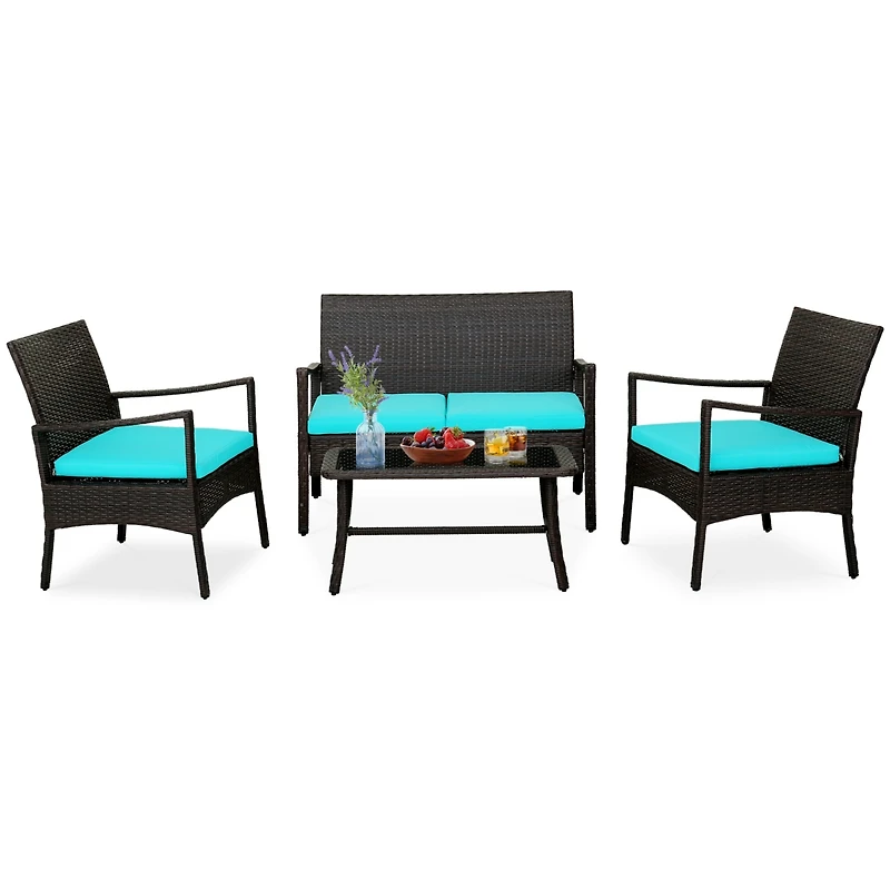 Sugift 4 Pieces Rattan Conversation Set with Tempered Glass Coffee Table
