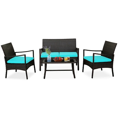 Sugift 4 Pieces Rattan Conversation Set with Tempered Glass Coffee Table