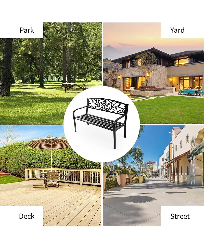 Sugift 50 Inch Patio Park Steel Frame Cast Iron Backrest Bench Porch Chair