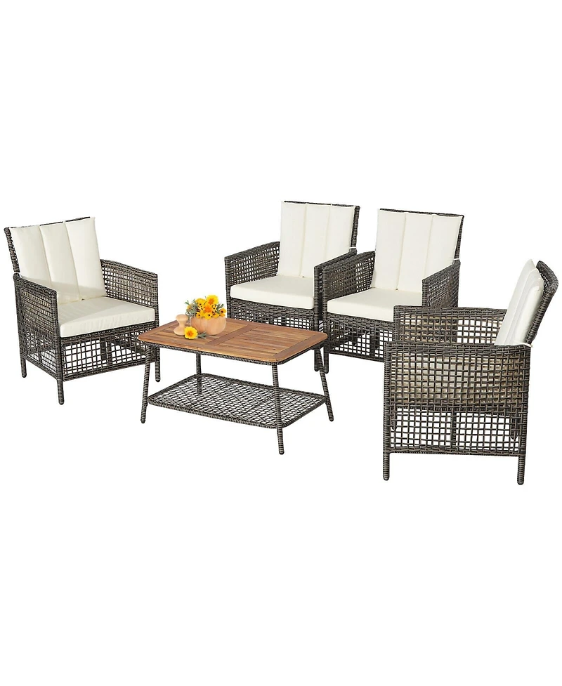 5 Pieces Patio Rattan Furniture Set Cushioned Sofa Armrest with Wooden Tabletop