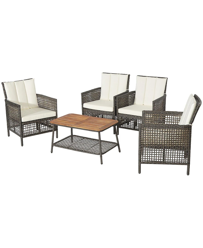 5 Pieces Patio Rattan Furniture Set Cushioned Sofa Armrest with Wooden Tabletop