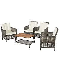 5 Pieces Patio Rattan Furniture Set Cushioned Sofa Armrest with Wooden Tabletop