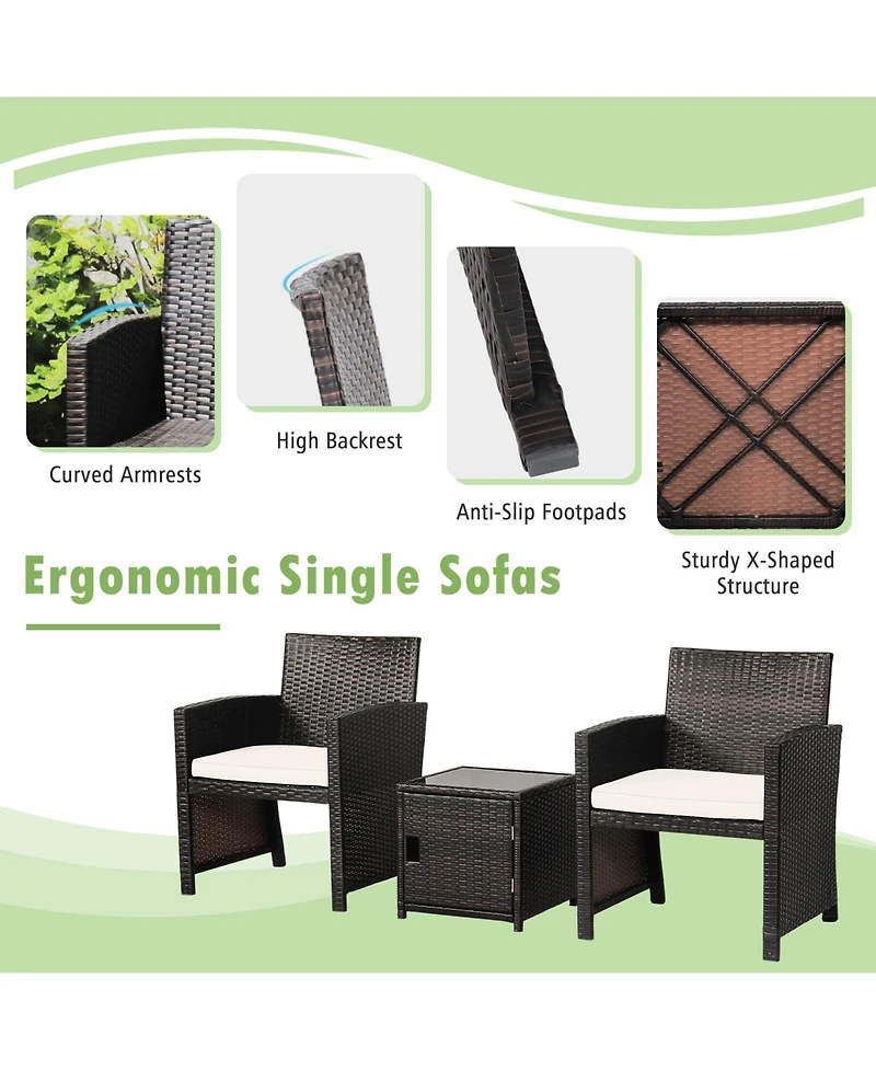 Sugift 3 Pieces Patio Wicker Furniture Set with Storage Table and Protective Cover