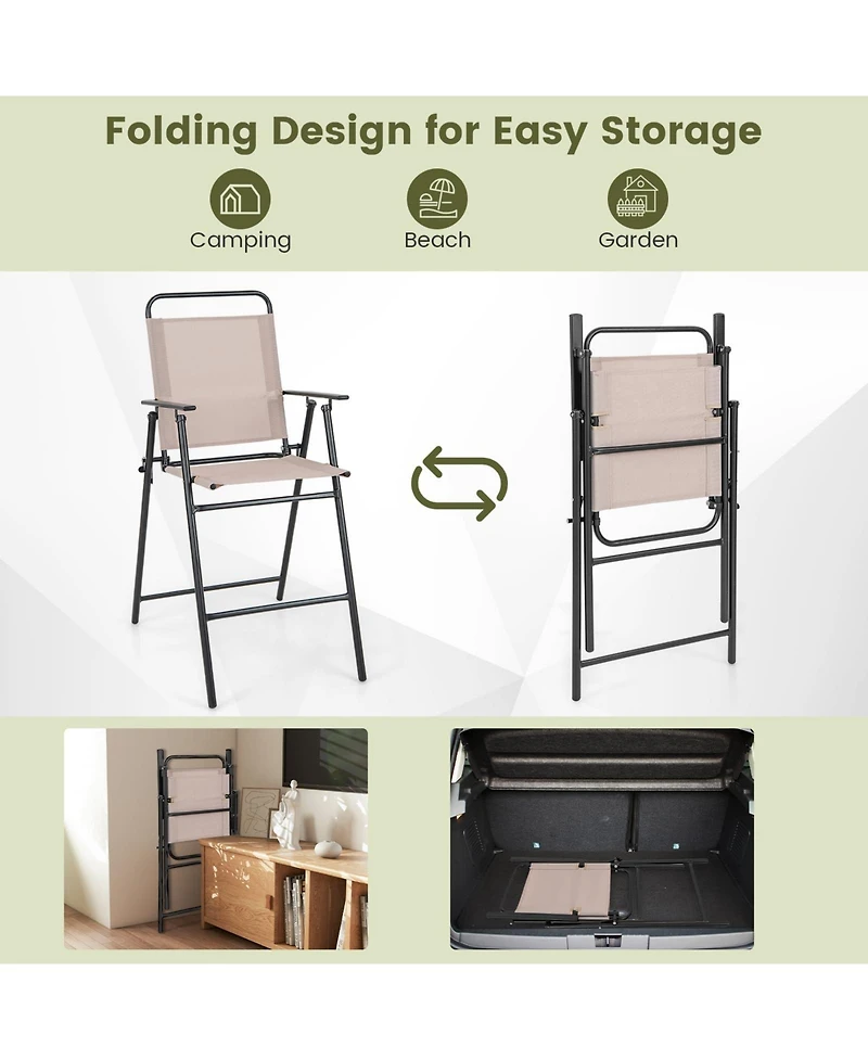 Sugift Patio Folding Bar Stool Set of 2 with Metal Frame and Footrest