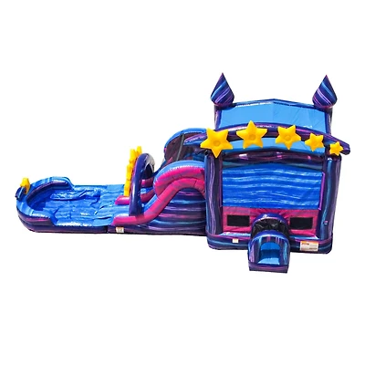 JumpOrange Galaxy Commercial Grade Bounce House Water Dual Lane Slide with Detachable Pool & Air Blower, Tunnel Entrance, Basketball Hoop, Wet Dry Use