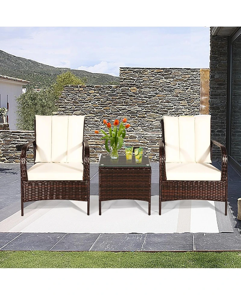 Sugift 3 Pieces Patio Rattan Conversation Set with Glass Top Coffee Table and Cushions