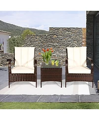 Sugift 3 Pieces Patio Rattan Conversation Set with Glass Top Coffee Table and Cushions