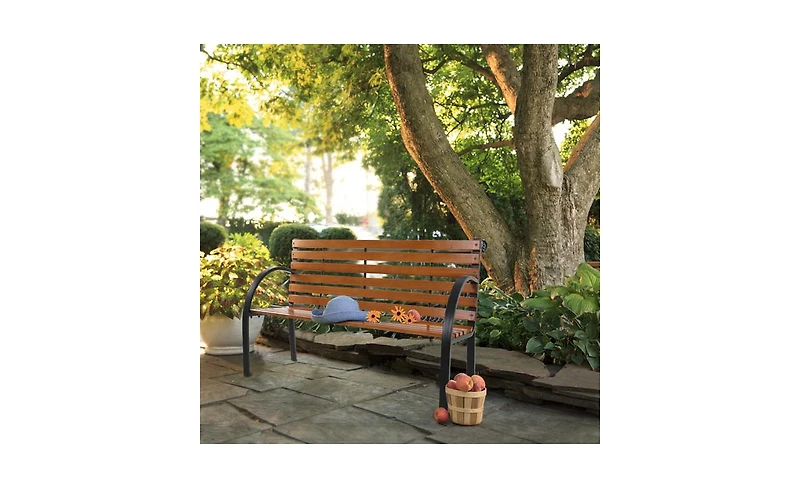 Slickblue 48" Hardwood Slotted Steel Cast Iron Frame Outdoor Garden Bench – Classic Patio Seat