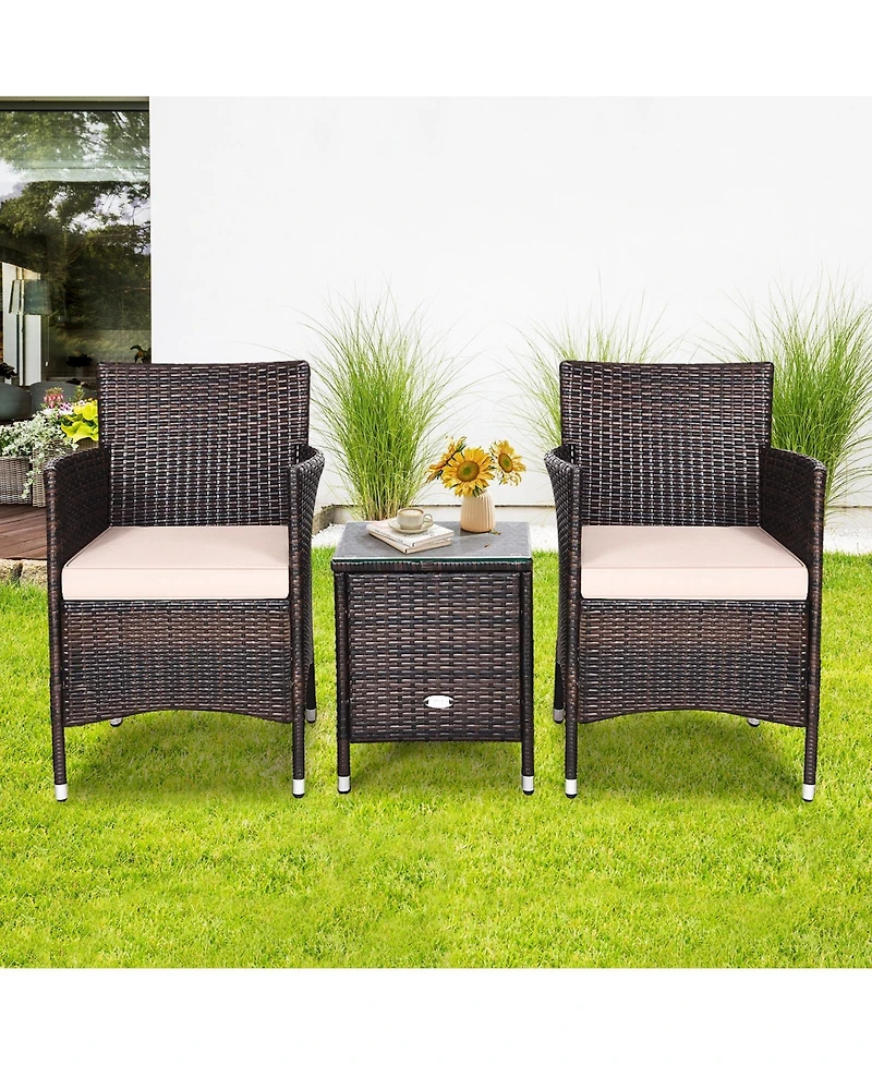 Sugift 3 Pieces Ergonomic Wicker Patio Conversation Set-Beige