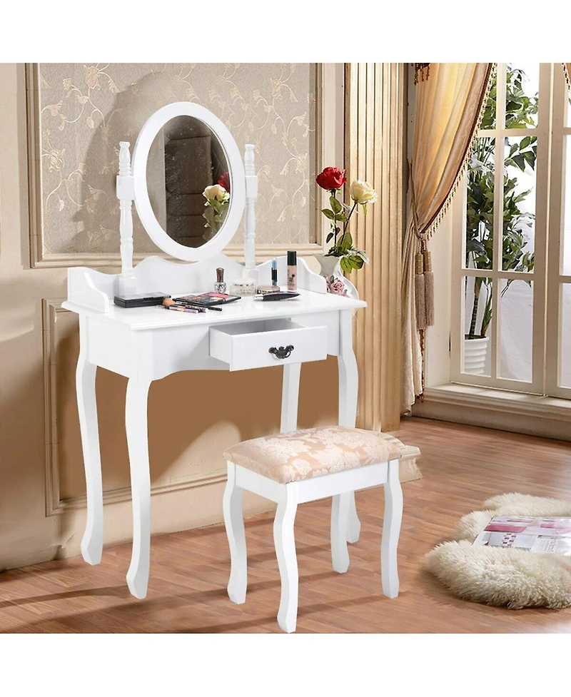 Sugift Wooden Vanity Table Set with Oval Mirror and Cushioned Stool