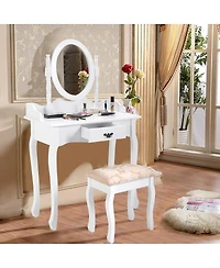 Sugift Wooden Vanity Table Set with Oval Mirror and Cushioned Stool