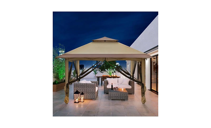 Slickblue Khaki Oxford Cloth Folding Shed with Right-Angle 4-Sided Gauze Mesh and Double-Top Overhangs