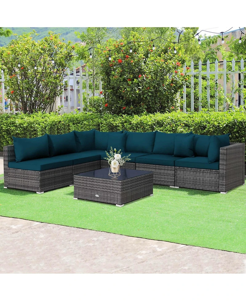 Costway 7PCS Patio Rattan Furniture Set Sectional Sofa Cushioned Garden Peacock