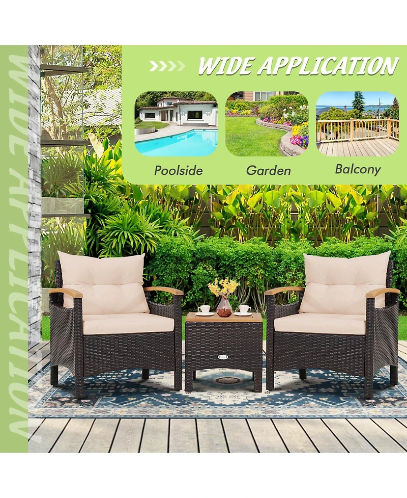 3PCS Patio Rattan Furniture Set Wooden Armrest Table Top Cushioned