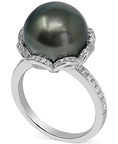 Tahitian Pearl (12mm) & Diamond (1/3 ct. t.w.) Ring in 14k White Gold