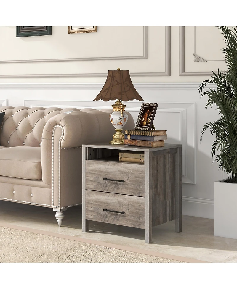 Gymax Nightstand w/ 2 Drawers Farmhouse Bed Side Table w/ Open Storage Shelf