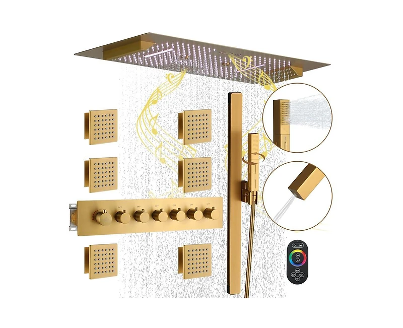 36 Inch Led & Music Rainfall Thermostatic Shower System with Slide Bar and 2-in-1 Handheld