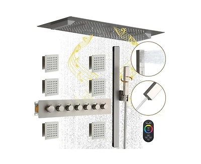 36 Inch Led & Music Rainfall Thermostatic Shower System with Slide Bar and 2-in-1 Handheld