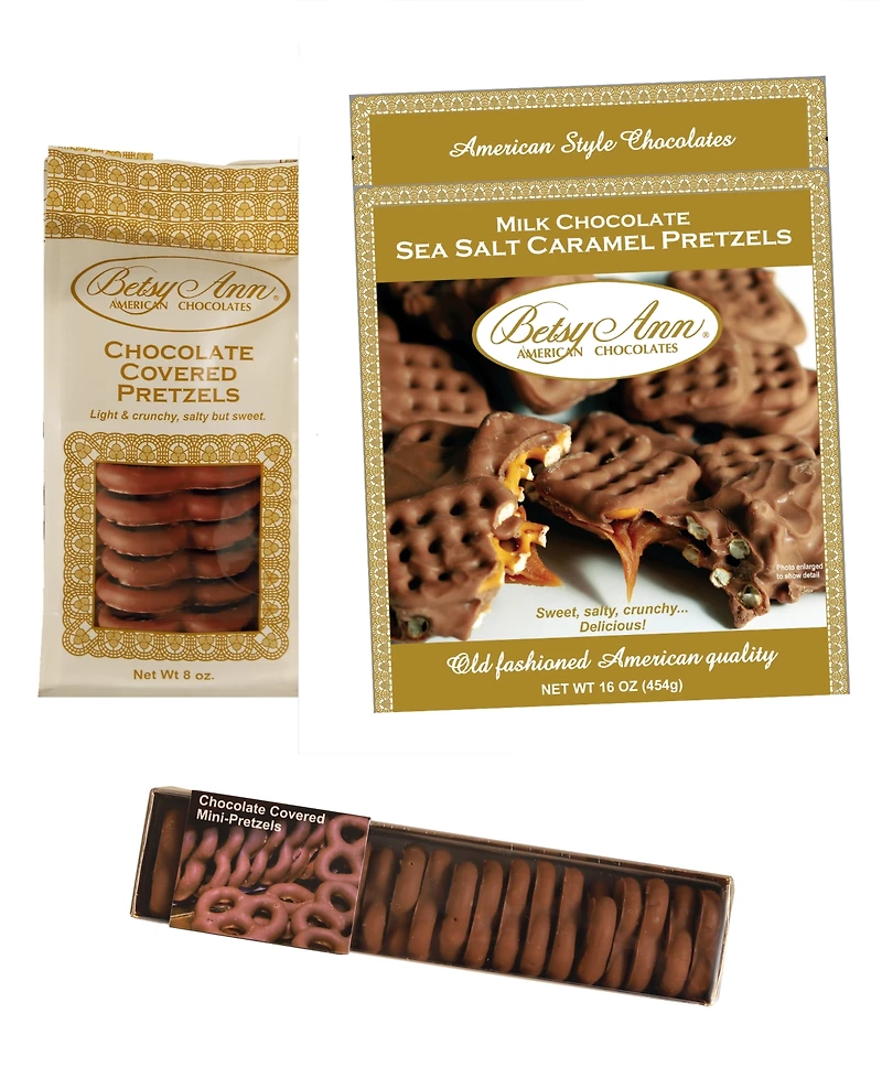 Betsy Ann Chocolates Chocolate Pretzel Assortment Bundle, 3 Piece