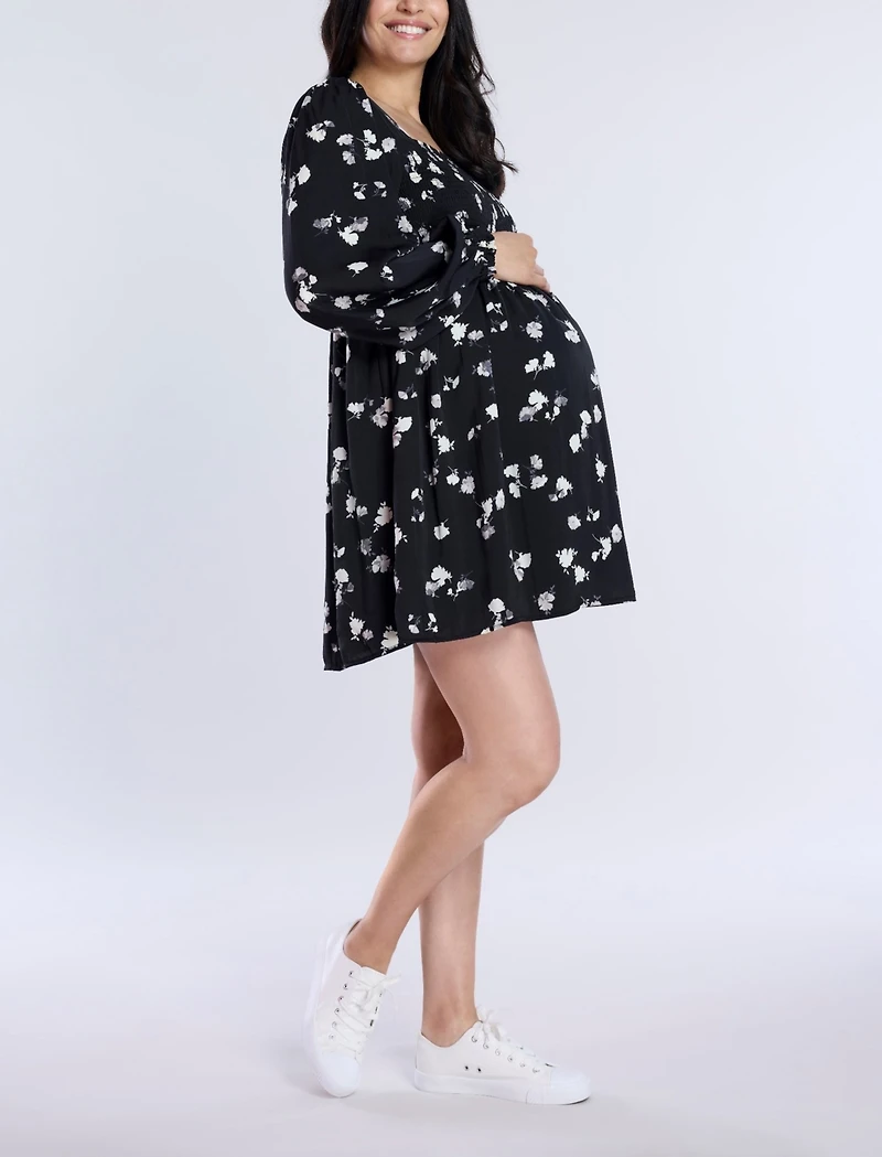 Motherhood Maternity Smocked Babydoll Long Sleeve Mini Dress