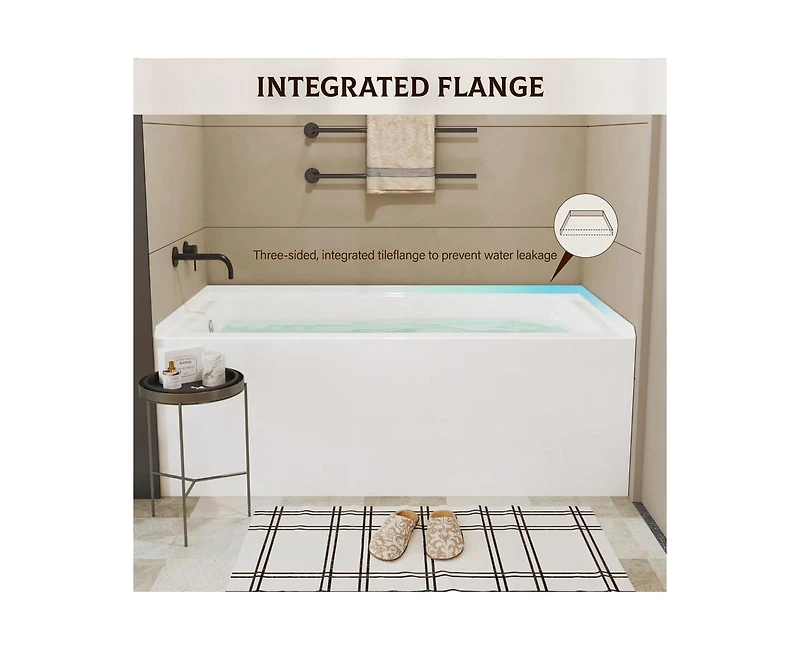 gaomon 60 Inch Acrylic Rectangular Alcove Soaking Bathtub, Rectangle 60-Inch x 32-Inch Alcove Bath with Integral Apron, Integral Flange and Left Hand