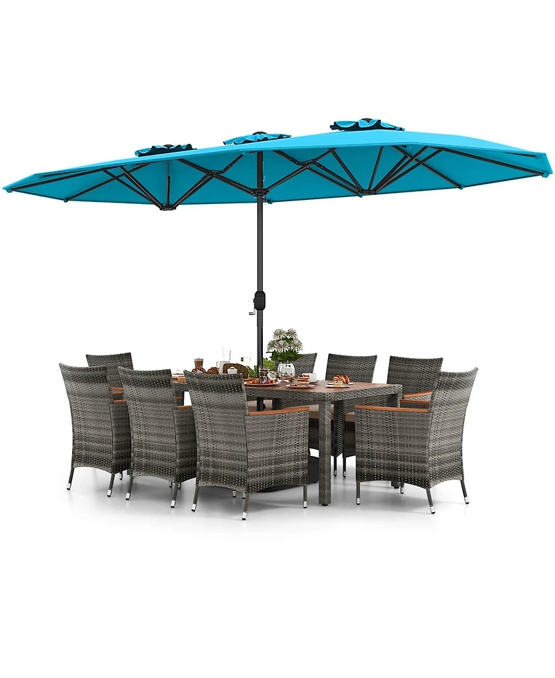 Costway 10 Pieces Patio Wicker Dining Set with Double-Sided Umbrella 8 Armchairs
