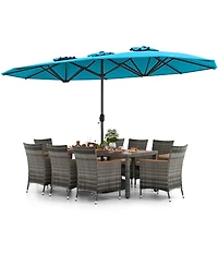 Costway 10 Pieces Patio Wicker Dining Set with Double-Sided Umbrella 8 Armchairs