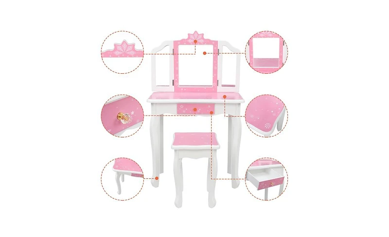 Slickblue Children's Wooden Dressing Table with Three-Sided Folding Mirror, Chair, and Single Drawer in Blue Snowflake Style