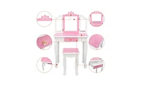 Slickblue Children's Wooden Dressing Table with Three-Sided Folding Mirror, Chair, and Single Drawer in Blue Snowflake Style