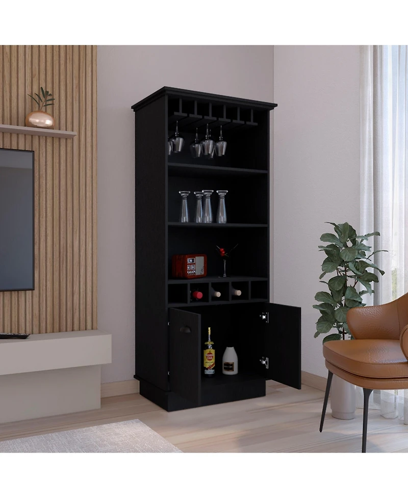 Elon 70"H Bar Cabinet with Wine Rack, Upper Glass Cabinet, three Open Storage Shelves and One Cabinet,Black