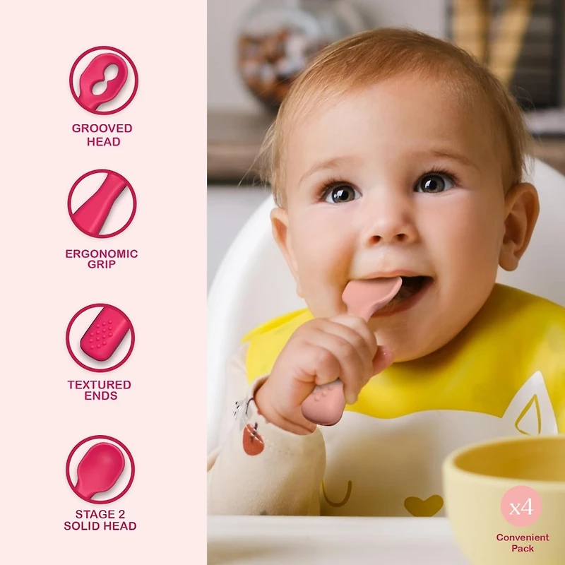 Sperric Silicone Baby Spoons First Stage Baby Feeding Spoons Stage 1 and Stage 2-4pcs (Dark & Light Pink)