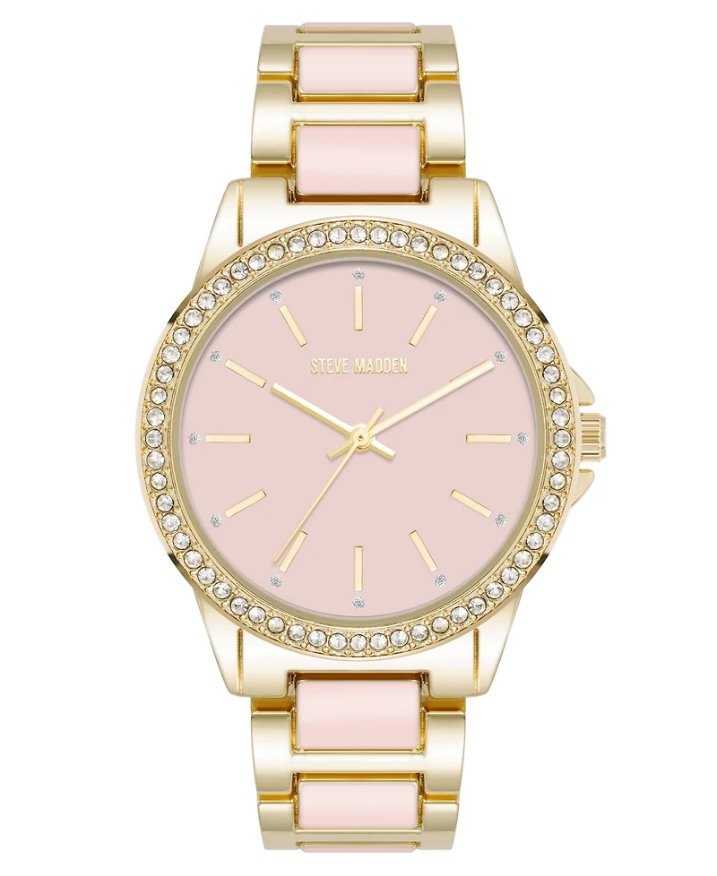 Steve Madden Women's Signature Pink Enamel and Gold-Tone Alloy Metal Bracelet Watch, 36mm