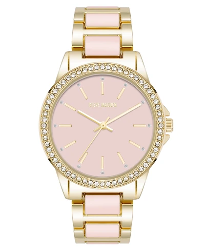 Steve Madden Women's Signature Pink Enamel and Gold-Tone Alloy Metal Bracelet Watch, 36mm
