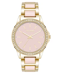 Steve Madden Women's Signature Pink Enamel and Gold-Tone Alloy Metal Bracelet Watch, 36mm