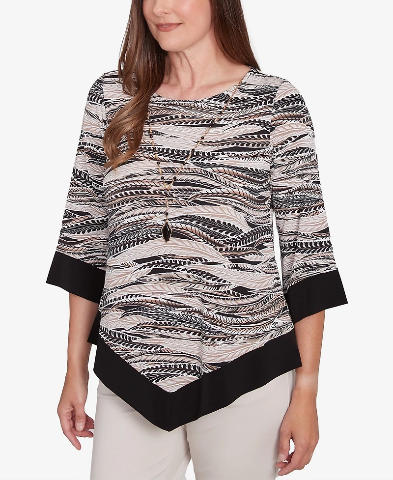 Alfred Dunner Women's Romancing The Stone Abstract Feather Solid Trim Top with Necklace