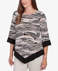Alfred Dunner Women's Romancing The Stone Abstract Feather Solid Trim Top with Necklace
