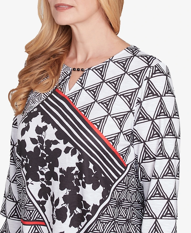 Alfred Dunner Women's Wild at Heart Geometric Multi Textured Patchwork Top