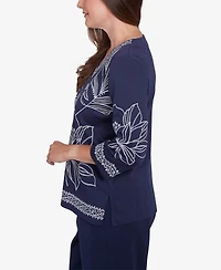 Alfred Dunner Women's Block Island Dynamic Floral Embroidered V Neck Top