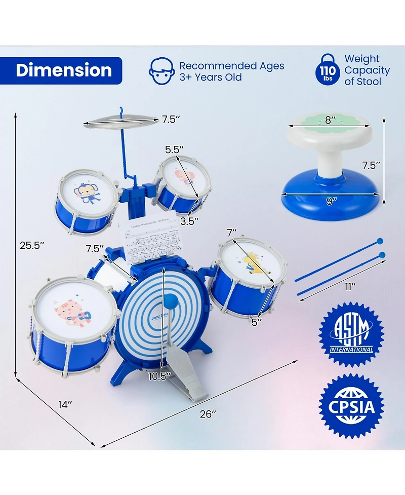 Hongge Kids Drum Set Educational Percussion Musical Instrument Toy with Bass Drum