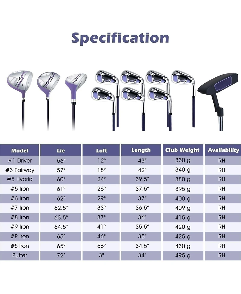 Hongge Women's Right Hand Complete Golf Club Set with Stand Bag and Rain Hood