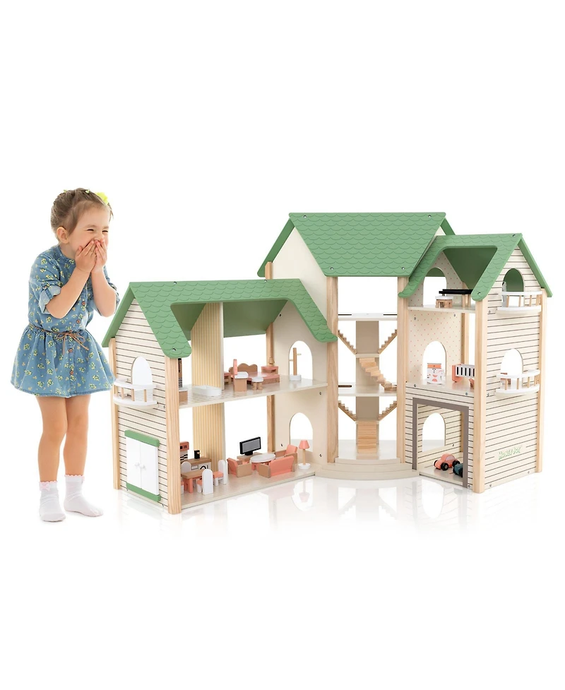 Hongge Wooden Corner Dollhouse Playset with 6 Rooms and 36 Pieces for Kids 3+ Years Old