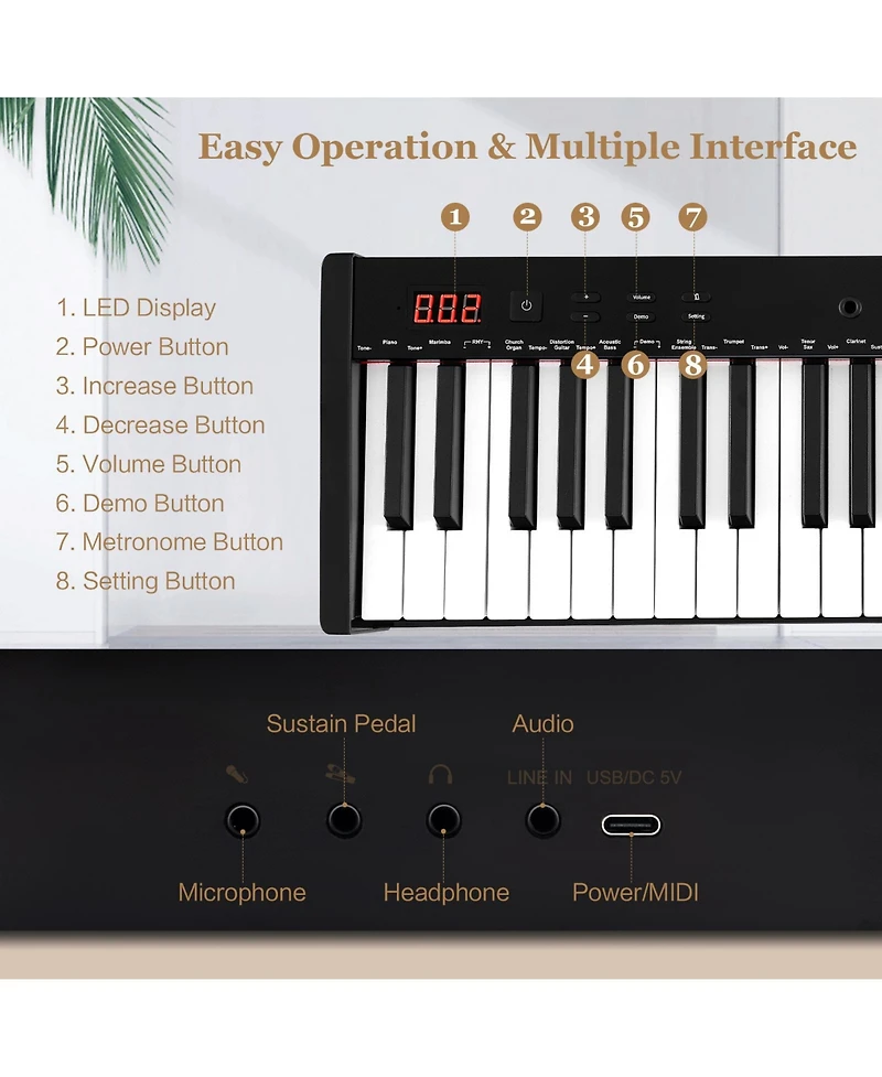 Hongge 61-Key Portable Electronic Keyboard Piano Complete Digital Piano Set with Stand and Stool