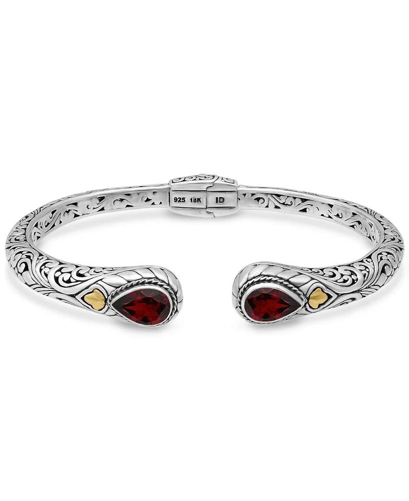 Devata Garnet & Bali Cuff Bracelet in Sterling Silver and 18K Gold Accents, Large