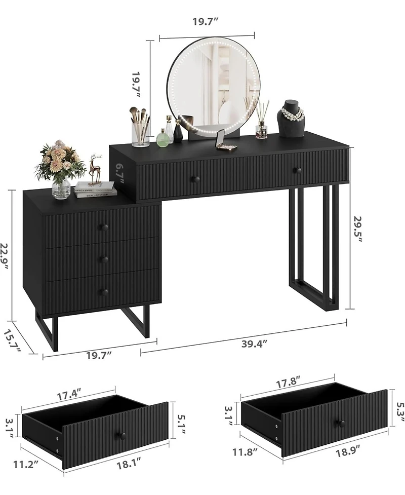 gaomon Black Vanity Desk with Mirror and Lights, Small Makeup Vanity with 5 Drawers