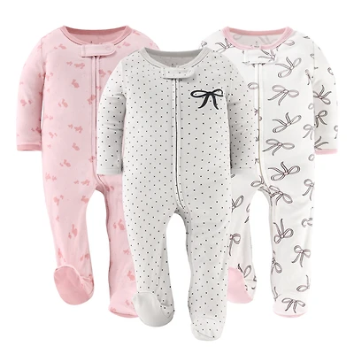 The Peanutshell Baby Girls Pink Balletcore Footed Sleepers for Girls, 3 Pack