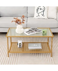 Givimo 2-Tier Coffee Table with Shelf Center Tea Table with Tempered Glass Top