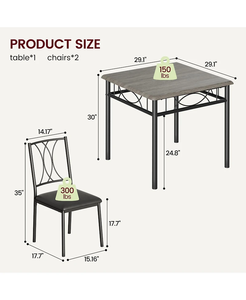 gaomon Dining Table Set for 2, Kitchen Table and Chairs, Square Dining Room Table Set , 3 Piece Dining Table Set , Rustic Grey