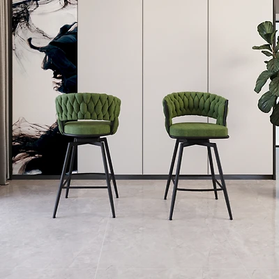 Streamdale Furniture Bar Chair Linen Woven Bar Stool Set of 2,Black legs Barstools No Adjustable Kitchen Island Chairs,360 Swivel Bar Stools Upholster